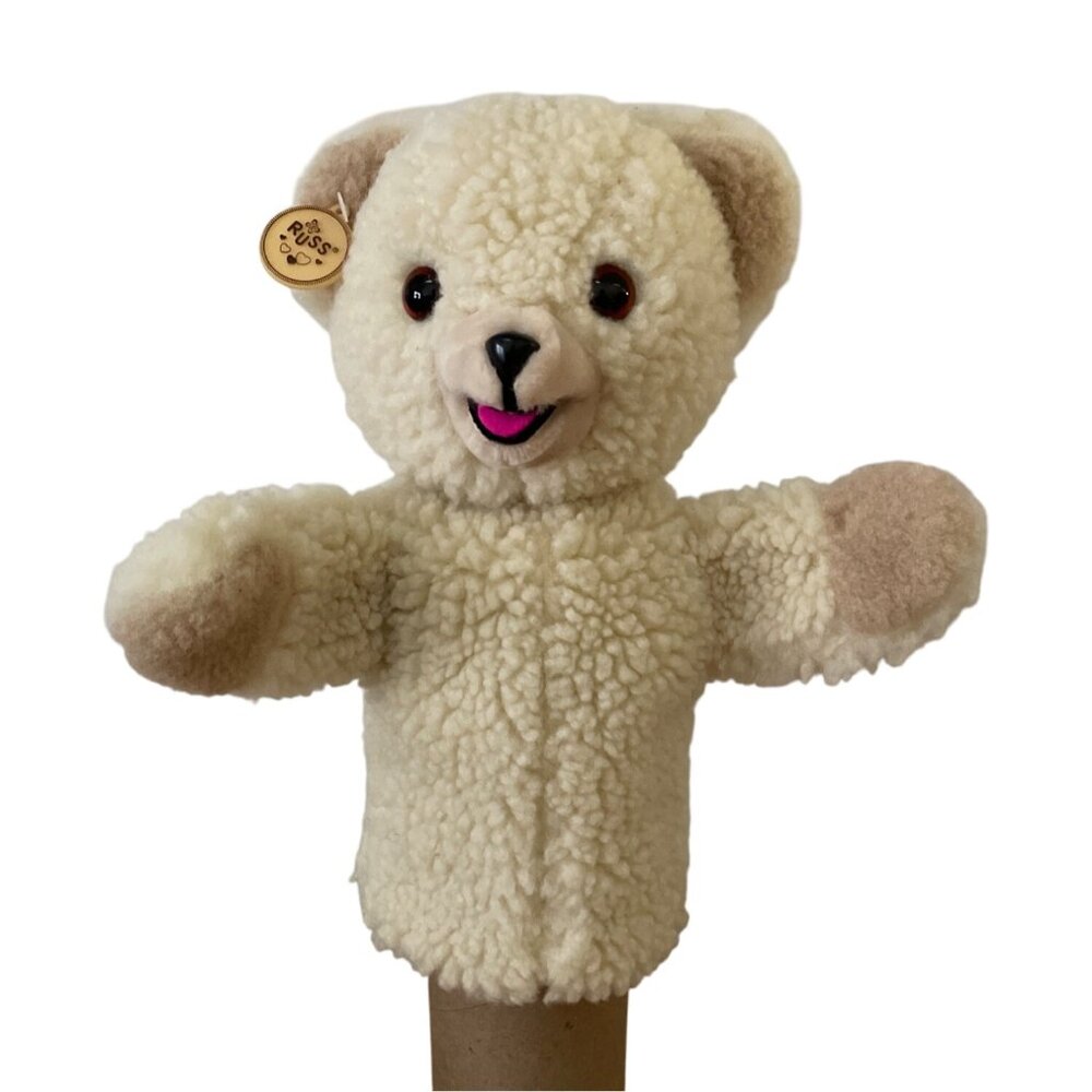 Vintage Russ Berrie Snuggle Teddy Bear Hand Puppet Plush 1986 13 in. New w Tags